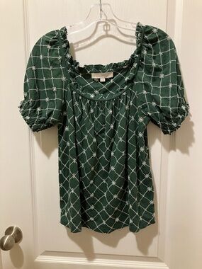 LOFT Dark Green Embroidered Puff-Sleeve Square Neck Top